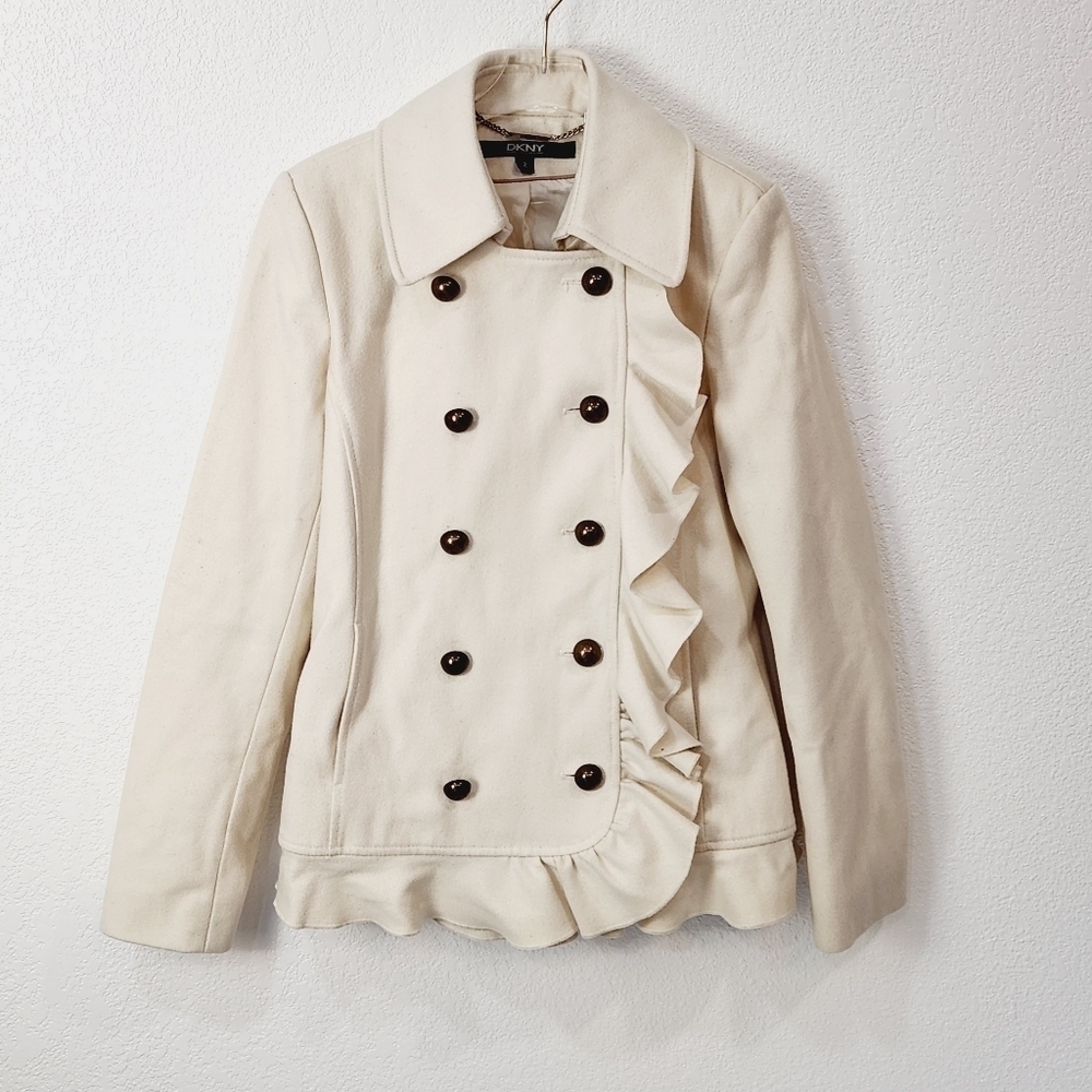 Dkny Cream Ruffled Edge Short Wool Blend Pea Coat Size: 2
